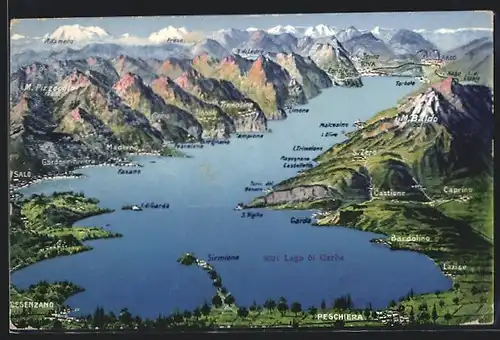 AK Peschiera, Landkarte mit Sirmione am Lago di Garda