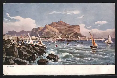 Künstler-AK Friedrich Perlberg: Palermo, Segelschiffe im Hafen, Stadtpanorama
