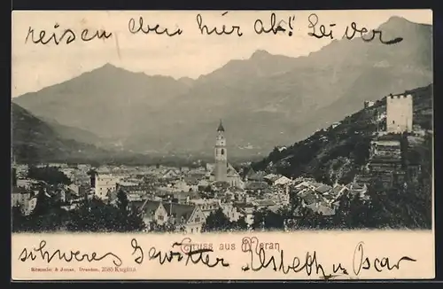 AK Meran, Ortsansicht mit Kirche