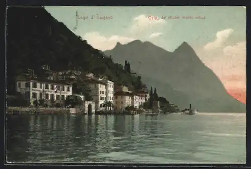 AK Oria, Teilansicht mit Restaurant im Abendlicht, Dampfer