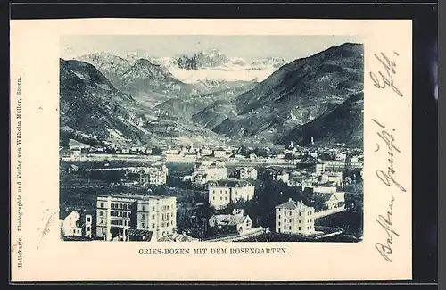 AK Gries-Bozen, Ortsansicht mit dem Rosengarten