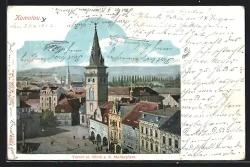 AK Komotau / Chomutov, Totalansicht mit Blick auf den Marktplatz