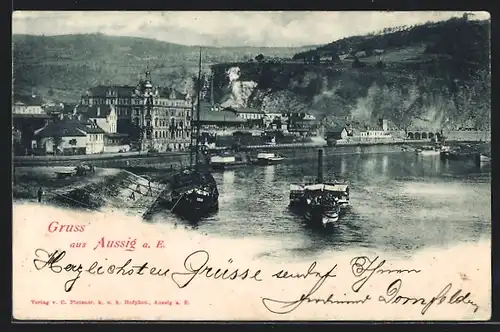 AK Aussig a. E., Flusspartie mit Dampfern