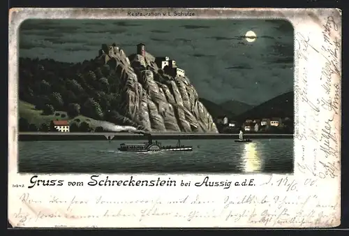 Mondschein-Lithographie Schreckenstein b. Aussig, Dampfer bei Nacht