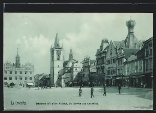 AK Leitmeritz, Stadtplatz mit altem Rathaus, Stadtkirche und Kelchhaus