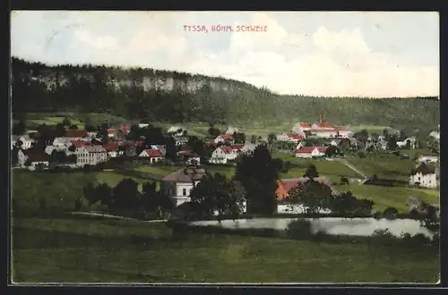 AK Tyssa i. böhm. Schweiz, Panorama mit Teich