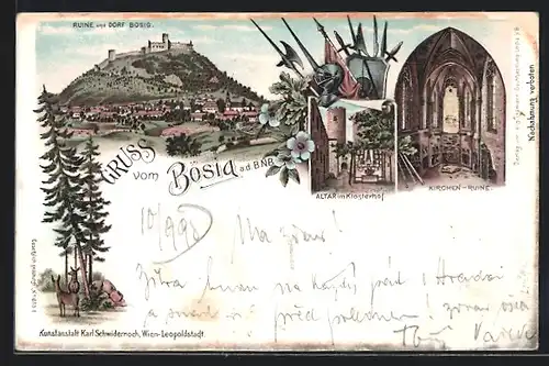 Lithographie Bezdez, Oltár v klásterním dvore, Zríceniny kostela