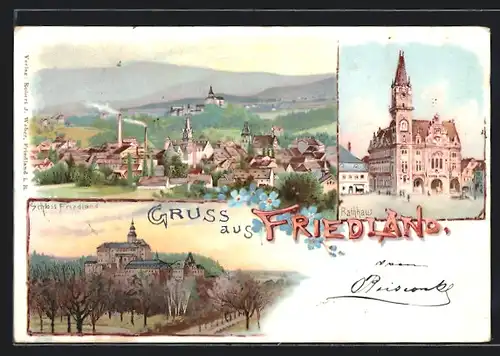 Lithographie Friedland / Frydlant, Rathaus, Ortsansicht, Schloss