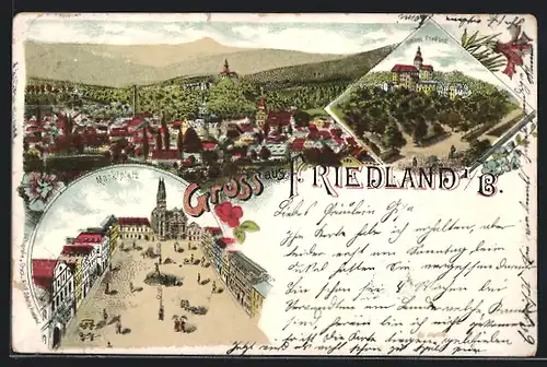 Lithographie Friedland i. B., Teilansicht, Schloss Friedland, Marktplatz