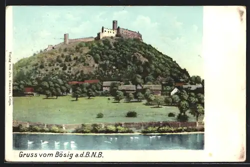 AK Bösig a. d. B. N. B., Panorama mit Burg