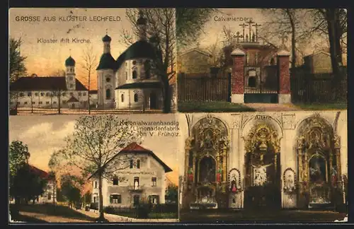 AK Lechfeld, Kloster mit Kirche, Kolonialwarenhandlung & Limonadenfabrik v. V. Frühholz