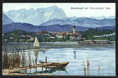 Künstler-AK Seeshaupt /Starnberger See, Ortspanorama mit See und Bergen