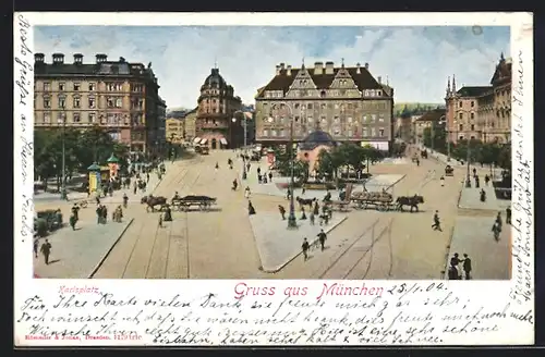 AK München, Karlsplatz mit Passanten und Fuhrwerken