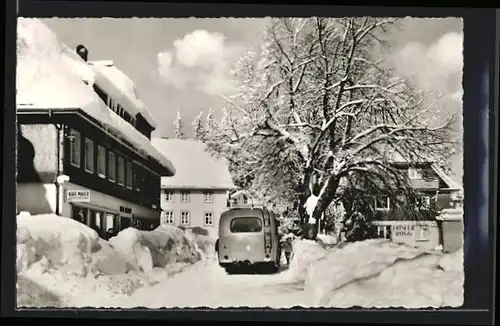 AK Höchenschwand /Schwarzw., Ortspartie im Winter, mit Autovermietung Maier