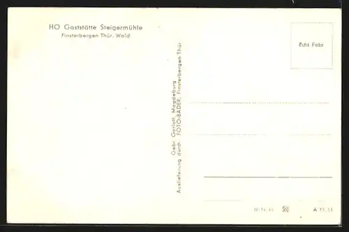 AK Finsterbergen / Thür. Wald, HOG Steigermühle, Längsfassade