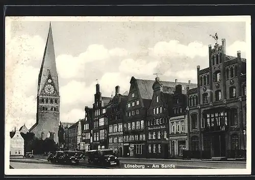 AK Lüneburg, Am Sande, Strassenpartie mit Kirche