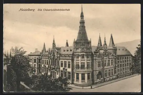 AK Heidelberg, Universitätsbibliothek mit Strasse aus der Vogelschau