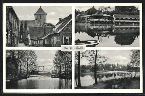AK Preetz i. Holst., Strassenpartie, Brücke, Uferpartie