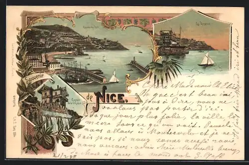 Lithographie Nice, Entrée du Port, La Reserve, Cascade de la Vésubie