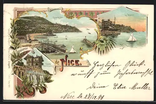 Lithographie Nice, Cascade de la Vésubie, Entrée du Port