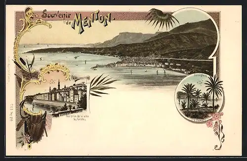 Lithographie Menton, Panorama, Bardighera, la Villa les Grottes