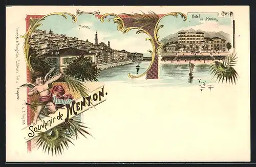 Lithographie Menton, Hotel de Menton, Ortspartie am Wasser