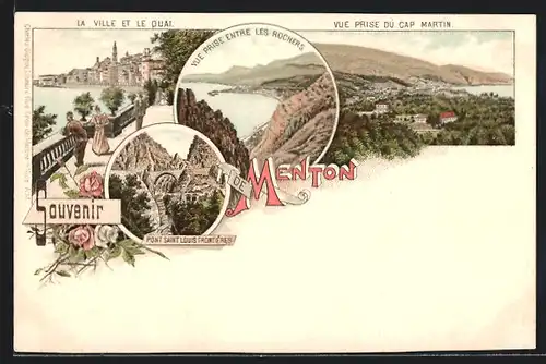 Lithographie Menton, Vue prise du Cap Martin, Vue prise Entre les Rochers, la Ville et le Quai