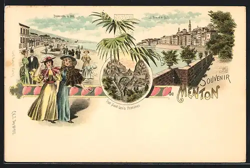 Lithographie Menton, La Ville, le Quai & Promenade du Midi