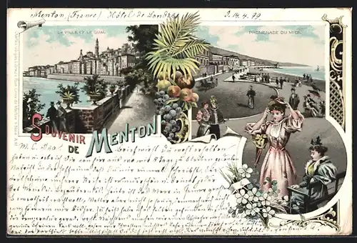 Lithographie Menton, La Ville et le Quai, Promenade Du Midi