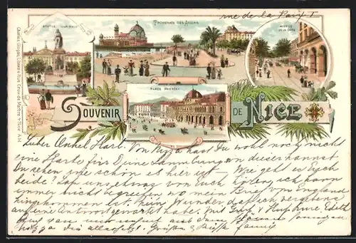 Lithographie Nice, Promenade des Anglais, Place Masséna, Avenue de la Gare