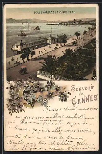 Lithographie Cannes, Boulevard de la Croisette, Segelboot