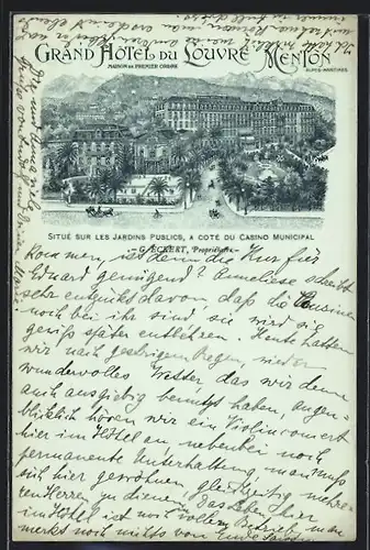 Lithographie Menton, Grand Hôtel du Louvre