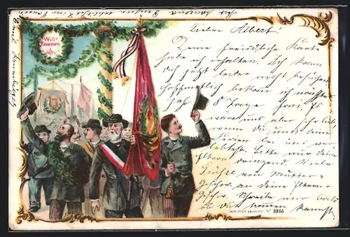 Lithographie Sängerfest, Umzug mit Fahnen