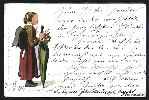 Künstler-AK P. O. Engelhard (P.O.E.): Mädchen mit Tornister, Schirm und Blumen