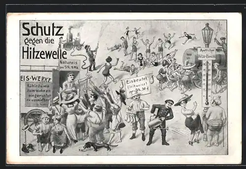 AK Schutz gegen die Hitzewelle, Karikatur