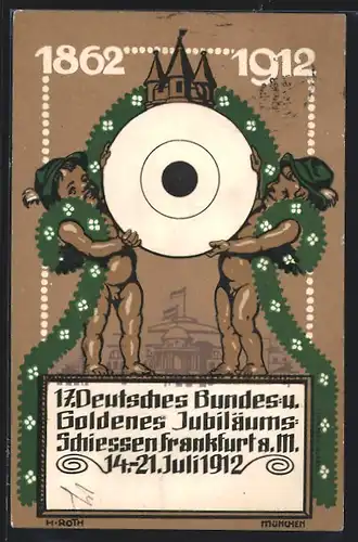 AK Frankfurt a. Main, 17. Deutsches Bundes- u. Goldenes Jubiläums-Schiessen 1912, Nackte Knaben mit Zielscheibe