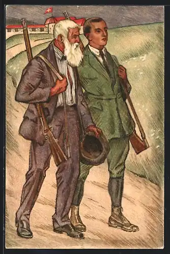 AK Schweizerischer Schützenverein, Société Suisse des Carabiniers, Junger und alter Mann mit ihren Gewehren