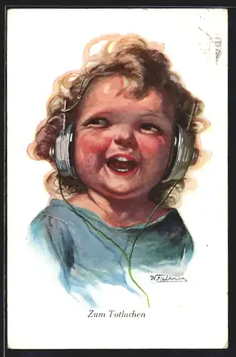 Künstler-AK Wally Fialkowska: Zum Totlachen, ein kleines Kind mit aufgesetzten Kopfhörern lacht