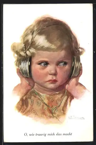 Künstler-AK Wally Fialkowska: Junges Mädchen hört mit Kopfhörern eine Radioübertragung