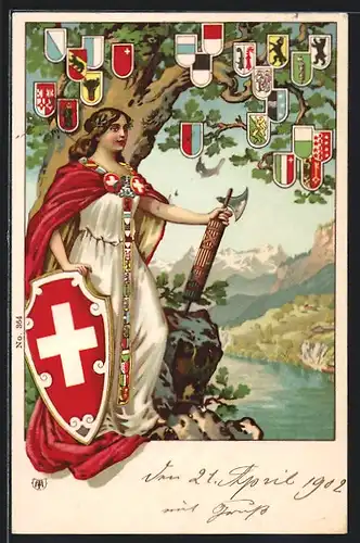 Lithographie Schweiz, Helvetia mit Schild, Kantone der Schweizer Wappen