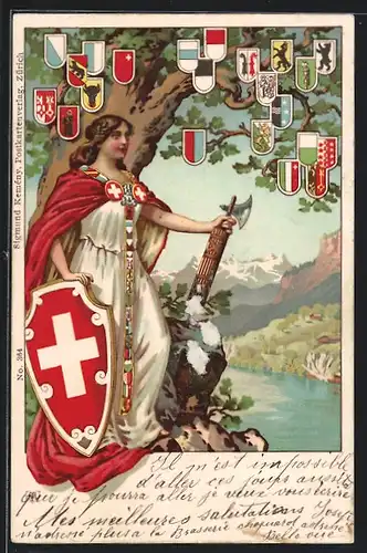 Lithographie Schweiz, Helvetia mit Schild, Kantone der Schweizer Wappen
