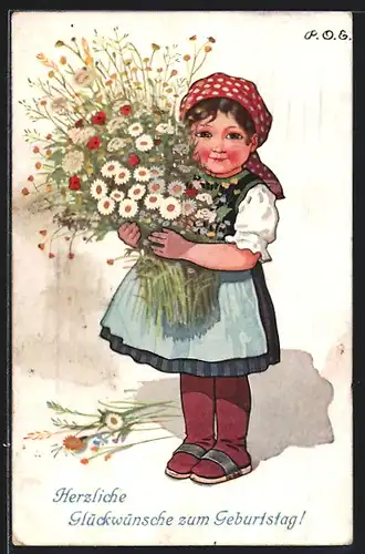 Künstler-AK P.O.Engelhard (P.O.E.): Herzliche Glückwünsche zum Geburtstag!, kleine Bäuerin mit Blumen