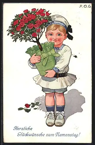 Künstler-AK P. O. Engelhard (P.O.E.): Kind im Matrosenanzug mit Blumen