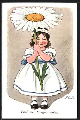 Künstler-AK P. O. Engelhard (P.O.E.): Mädchen mit einer Marguerite grüsst zum Margueritentag
