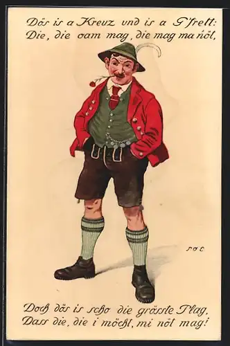 Künstler-AK P. O. Engelhard (P.O.E.): Bayer in Tracht mit Blume zwischen den Lippen