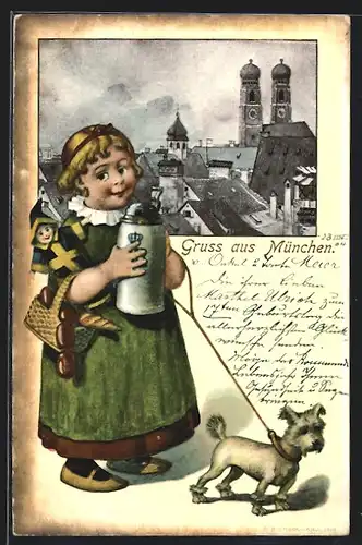 AK München, Mönchlein mit Kindl-Puppe und Hund, Teilansicht