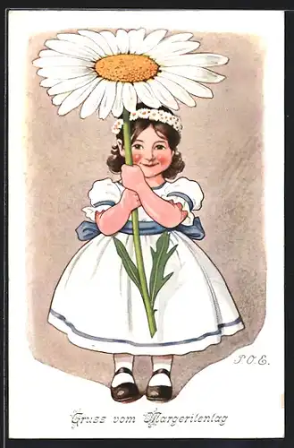 Künstler-AK P. O. Engelhard (P.O.E.): Gruss vom Margeritentag, Mädchen mit Blume
