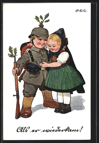 Künstler-AK P. O. Engelhard (P.O.E.): Als er wiederkam, Kind als Soldat gekleidet