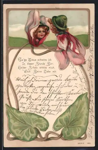 Lithographie Kinder wachsen aus Blumen