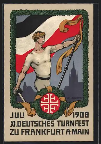 Künstler-AK Frankfurt a. Main, XI. Deutsches Turnfest 1908, Bekränzter Turner mit Fahne